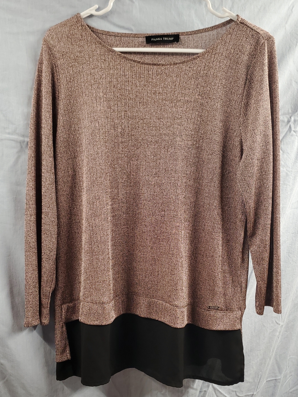 Ivanka Trump Metallic Taupe Knit Layered Scoop-Neck Sweater